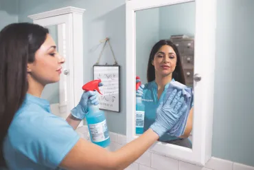 Merry Maids cleaning a bathroom window